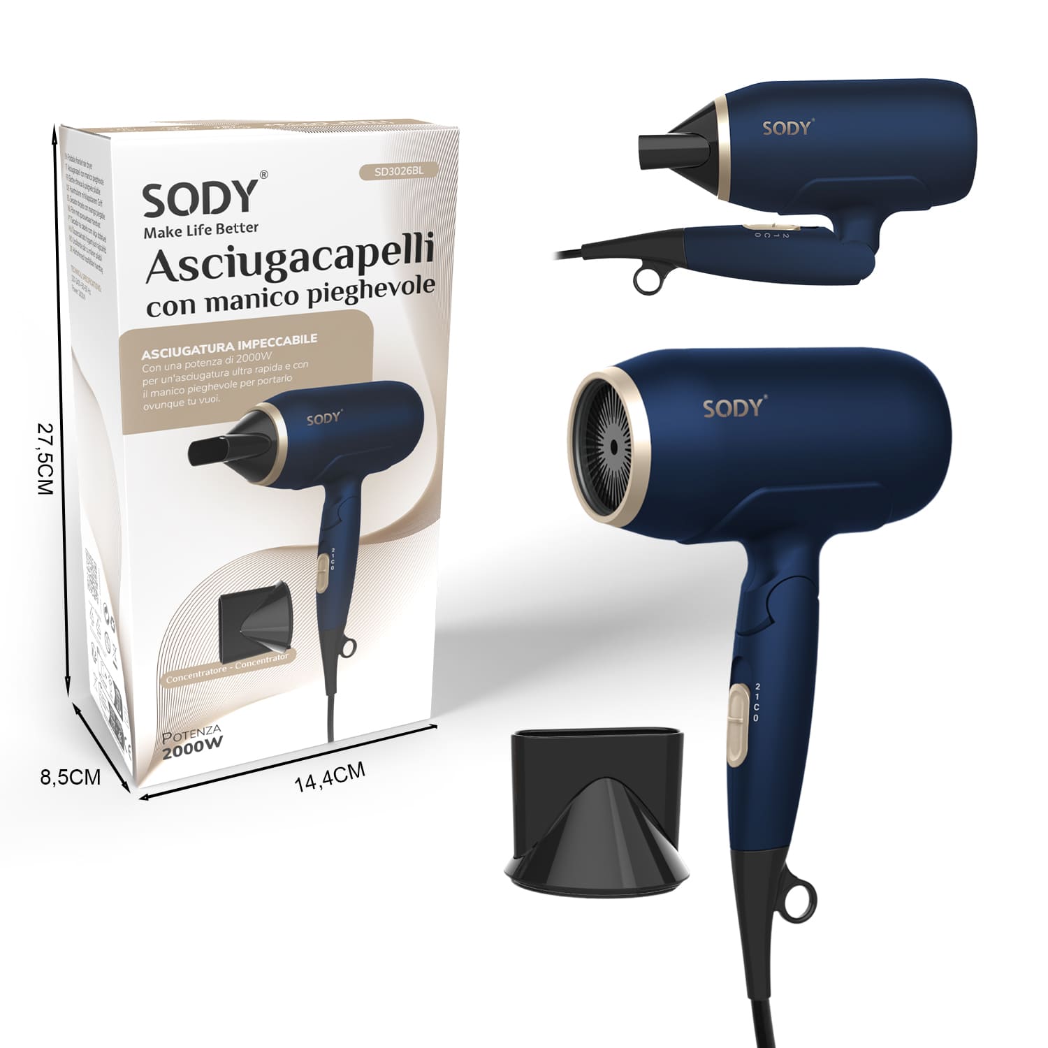 SD3026BL Hårfön 1800–2000 W med fällbart handtag, kompakt design
