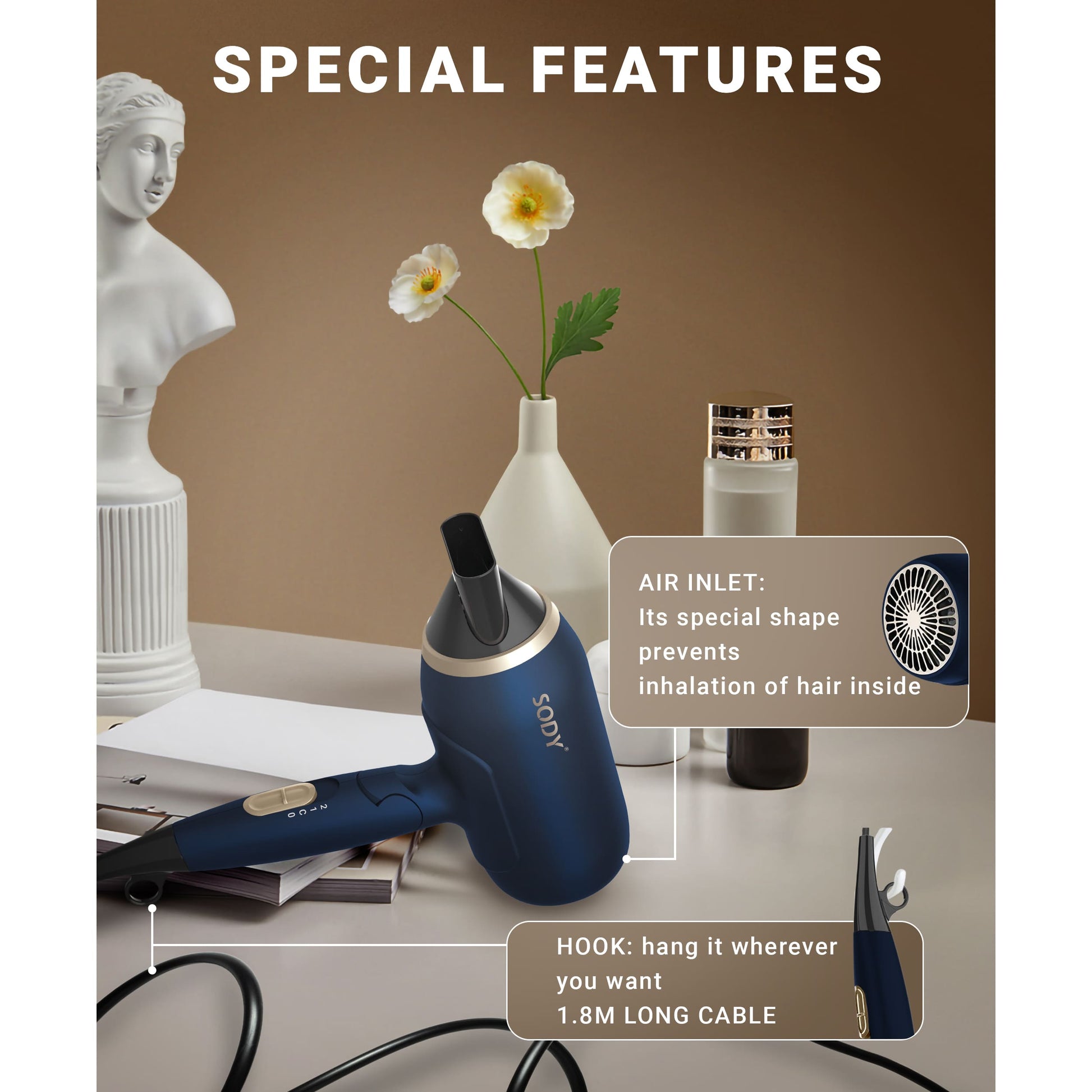 SD3026BL Hårfön 1800–2000 W med fällbart handtag, kompakt design